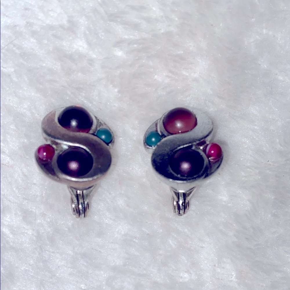 Vintage Monet Silver Tone Clip-On Earrings with Purple, Teal and Pink beads